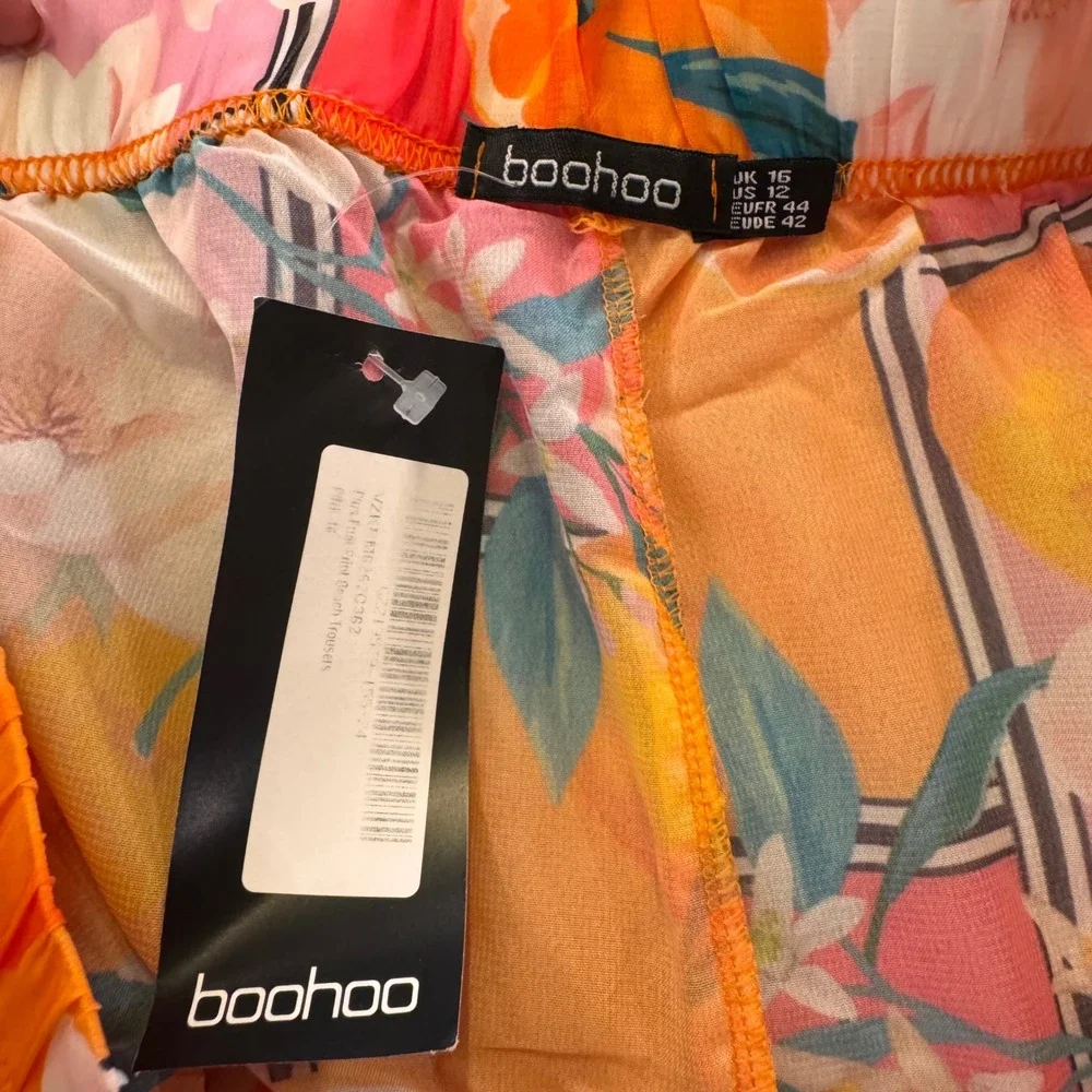 Boohoo Floral Citrus Print Wide Leg Sheer Beach Trousers Tropical Summer Sz 12 - Picture 7 of 12